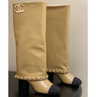 Popular Style Chanel Calfskin Leather & Grosgrain Heel High Boots 6cm with Foldover Bootleg and Chain Beige 2025 CH07151