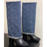 Cheap Price Chanel Denim, Calfskin & Grosgrain Heel High Boots 6cm with Foldover Bootleg and Chain Navy Blue 2025 CH0715