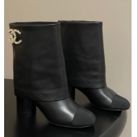 Big Discount Chanel Calfskin & Grosgrain Heel Ankle Boots 6cm with Foldover Bootleg Black 2025 CH071516