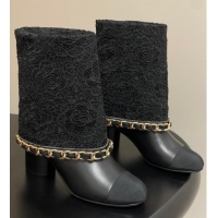 Best Product Chanel Lace, Calfskin & Grosgrain Heel Ankle Boots 6cm with Foldover and Chain Black 2025 CH071517