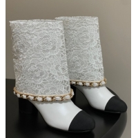 Sophisticated Chanel Lace, Calfskin & Grosgrain Heel Ankle Boots 6cm with Foldover and Chain White 2025 CH071517