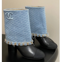 Stylish Chanel Denim, Calfskin & Grosgrain Heel Ankle Boots 6cm with Foldover and Chain Light Blue 2025 CH071517