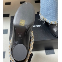 Stylish Chanel Denim, Calfskin & Grosgrain Heel Ankle Boots 6cm with Foldover and Chain Light Blue 2025 CH071517