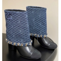 Charming Chanel Denim, Calfskin & Grosgrain Heel Ankle Boots 6cm with Foldover and Chain Navy Blue 2025 CH071517