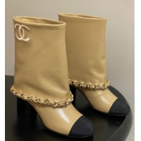 Duplicate Chanel Calfskin Leather & Grosgrain Heel Ankle Boots 6cm with Foldover and Chain Yellow 2025 CH071517