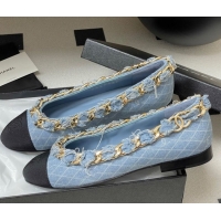 Popular Style Chanel Denim & Grosgrain Ballet Flats with Chain Light Blue 2025 CH071518