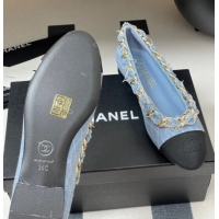 Popular Style Chanel Denim & Grosgrain Ballet Flats with Chain Light Blue 2025 CH071518