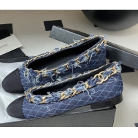 Shop Duplicate Chanel Denim & Grosgrain Ballet Flats with Chain Navy Blue 2025 CH071518