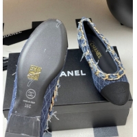 Shop Duplicate Chanel Denim & Grosgrain Ballet Flats with Chain Navy Blue 2025 CH071518
