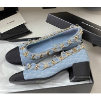 Stylish Chanel Denim & Grosgrain Pumps 5cm with Chain Light Blue 2025 CH071518