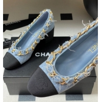 Stylish Chanel Denim & Grosgrain Pumps 5cm with Chain Light Blue 2025 CH071518