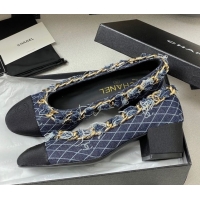 Grade Chanel Denim & Grosgrain Pumps 5cm with Chain Navy Blue 2025 CH071518