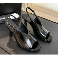 Original Cheap Chanel Shiny Crumpled Calfskin Heel Sandals 8.5cm Black 2025 G46538