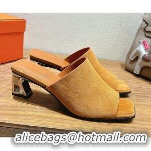 Top Design Hermes Kristal Heel Slides Sandal in Suede Brown 0606067
