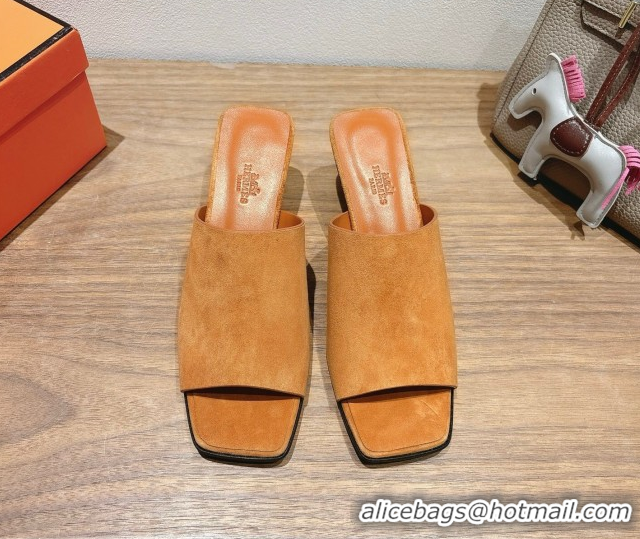 Top Design Hermes Kristal Heel Slides Sandal in Suede Brown 0606067