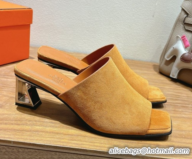 Top Design Hermes Kristal Heel Slides Sandal in Suede Brown 0606067