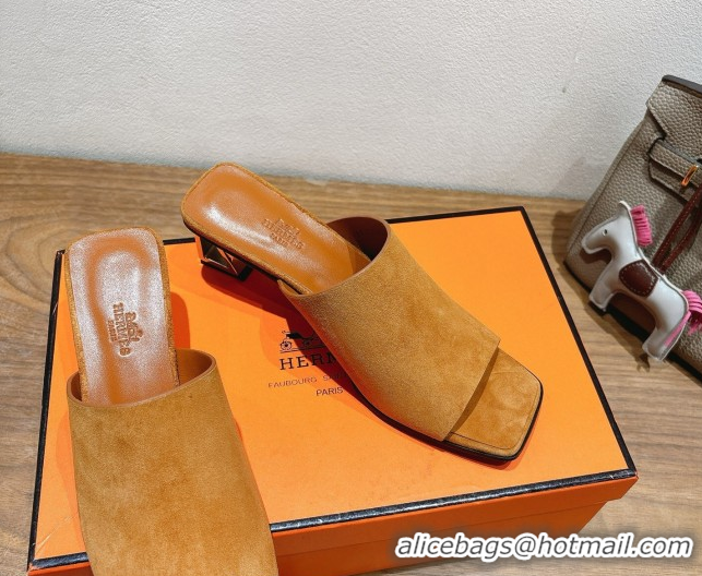 Top Design Hermes Kristal Heel Slides Sandal in Suede Brown 0606067