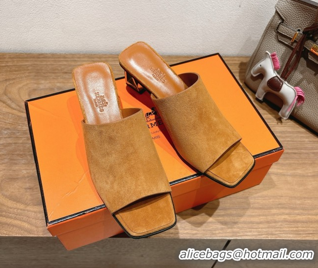 Top Design Hermes Kristal Heel Slides Sandal in Suede Brown 0606067
