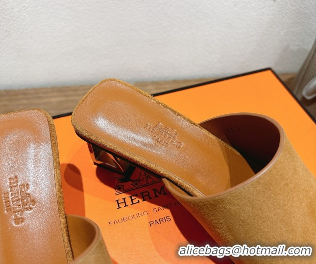 Top Design Hermes Kristal Heel Slides Sandal in Suede Brown 0606067