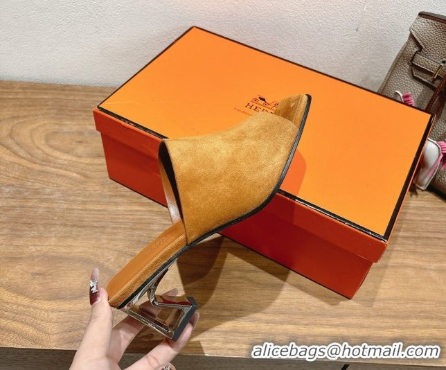 Top Design Hermes Kristal Heel Slides Sandal in Suede Brown 0606067
