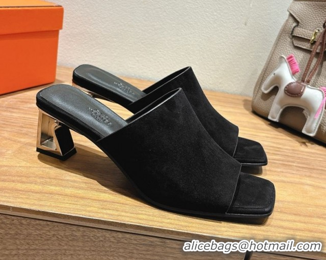 Buy New Cheap Hermes Kristal Heel Slides Sandal in Suede Black 0606068