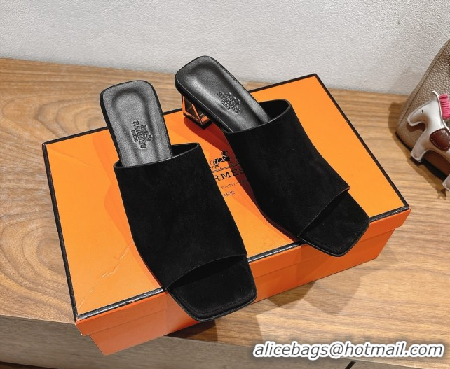 Buy New Cheap Hermes Kristal Heel Slides Sandal in Suede Black 0606068