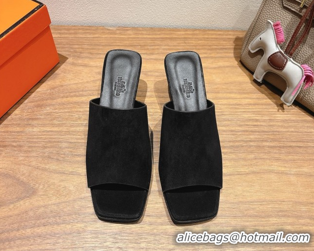 Buy New Cheap Hermes Kristal Heel Slides Sandal in Suede Black 0606068
