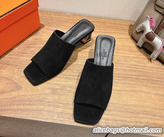 Buy New Cheap Hermes Kristal Heel Slides Sandal in Suede Black 0606068