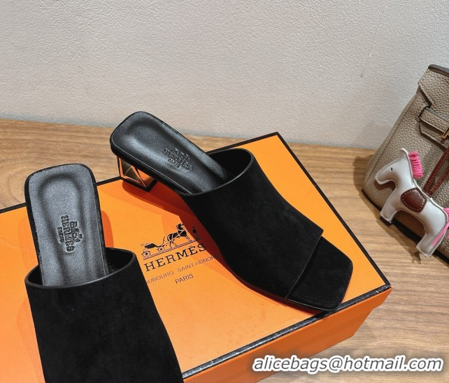 Buy New Cheap Hermes Kristal Heel Slides Sandal in Suede Black 0606068