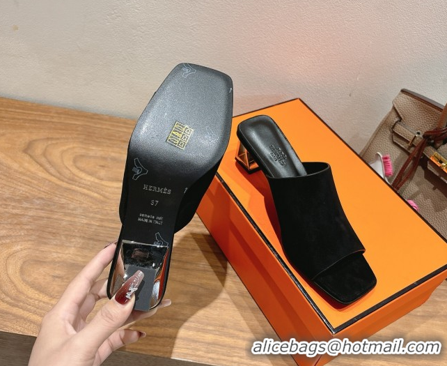 Buy New Cheap Hermes Kristal Heel Slides Sandal in Suede Black 0606068