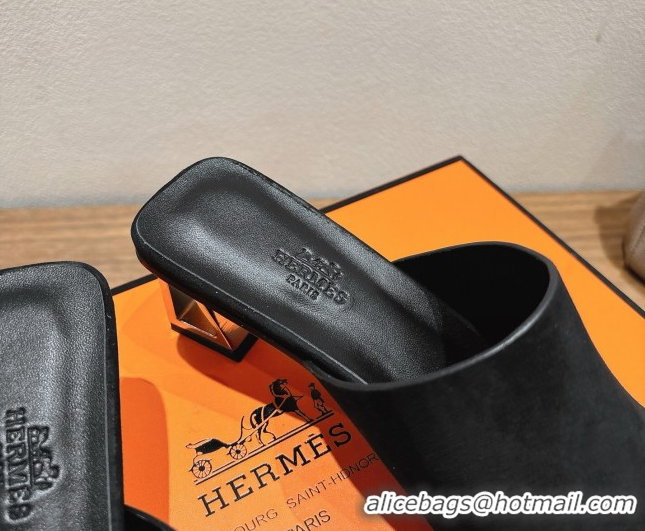 Buy New Cheap Hermes Kristal Heel Slides Sandal in Suede Black 0606068