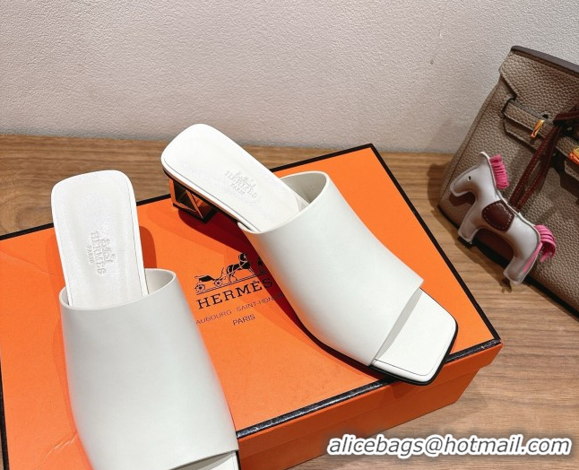 Pretty Style Hermes Kristal Heel Slides Sandal in Nappa Leather White 0606070