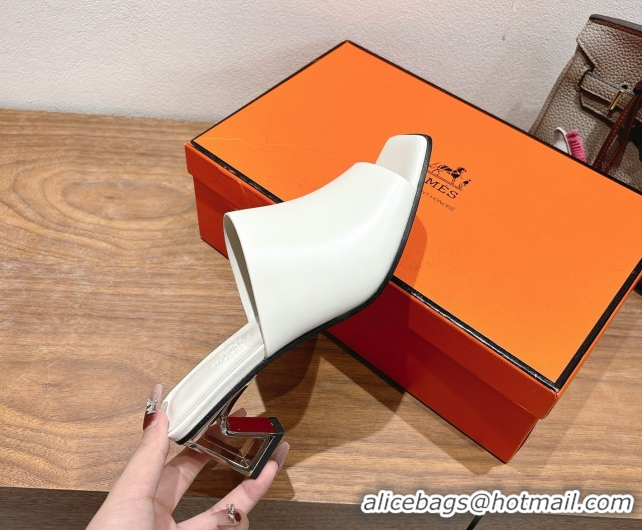 Pretty Style Hermes Kristal Heel Slides Sandal in Nappa Leather White 0606070