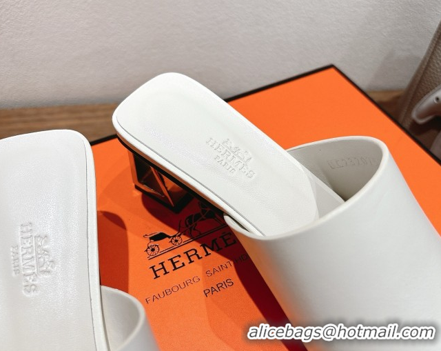 Pretty Style Hermes Kristal Heel Slides Sandal in Nappa Leather White 0606070