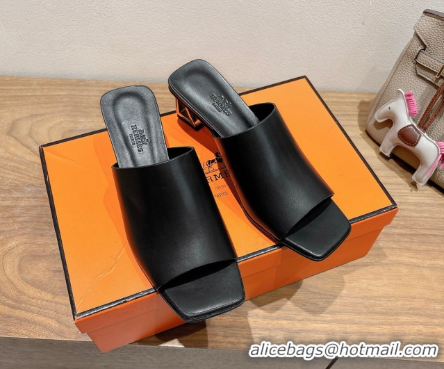 Best Price Hermes Kristal Heel Slides Sandal in Nappa Leather Black 0606071
