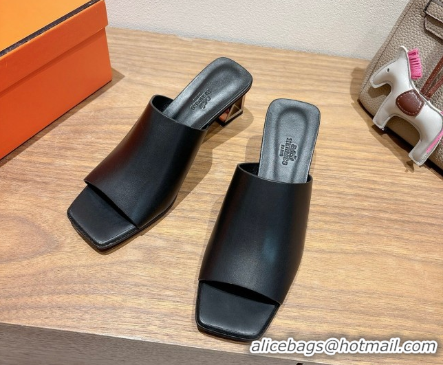 Best Price Hermes Kristal Heel Slides Sandal in Nappa Leather Black 0606071