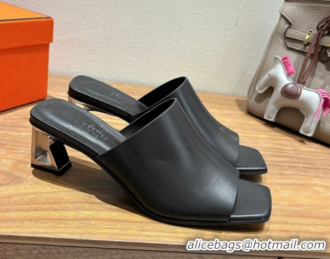 Best Price Hermes Kristal Heel Slides Sandal in Nappa Leather Black 0606071