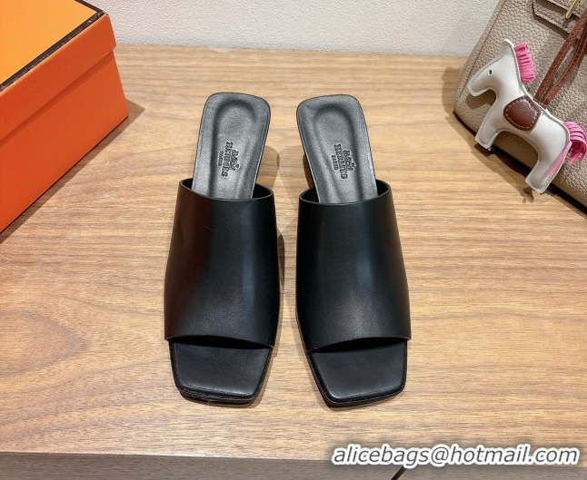 Best Price Hermes Kristal Heel Slides Sandal in Nappa Leather Black 0606071