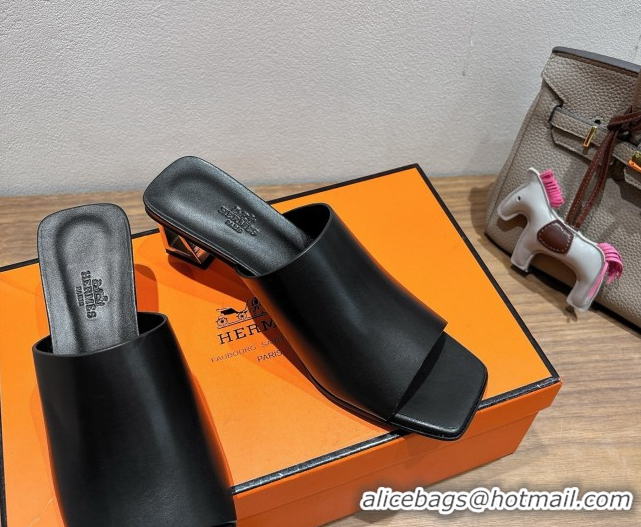 Best Price Hermes Kristal Heel Slides Sandal in Nappa Leather Black 0606071