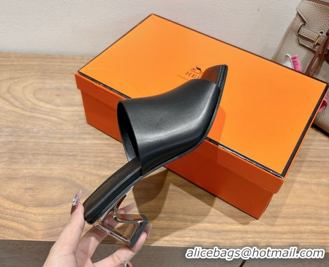 Best Price Hermes Kristal Heel Slides Sandal in Nappa Leather Black 0606071