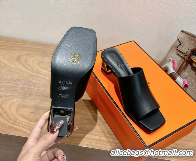 Best Price Hermes Kristal Heel Slides Sandal in Nappa Leather Black 0606071
