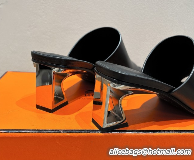 Best Price Hermes Kristal Heel Slides Sandal in Nappa Leather Black 0606071