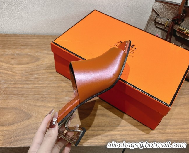 Unique Style Hermes Kristal Heel Slides Sandal in Nappa Leather Brown 0606073