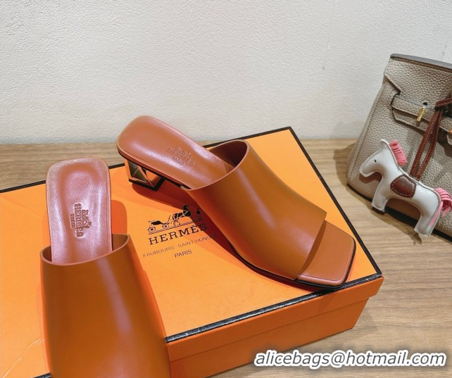 Unique Style Hermes Kristal Heel Slides Sandal in Nappa Leather Brown 0606073