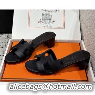 Popular Style Hermes Classic Oasis Heel Slides Sandal 4.5cm in Palm Grained Leather Black 0606079