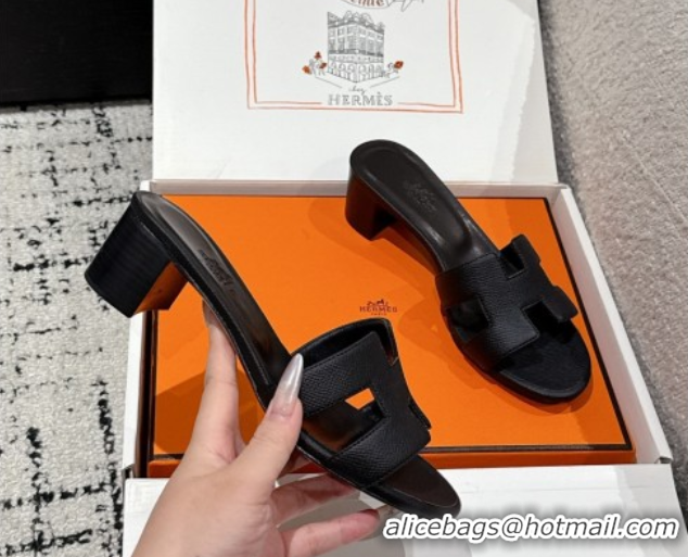 Popular Style Hermes Classic Oasis Heel Slides Sandal 4.5cm in Palm Grained Leather Black 0606079