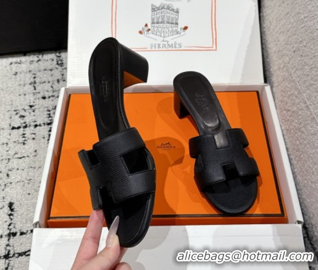Popular Style Hermes Classic Oasis Heel Slides Sandal 4.5cm in Palm Grained Leather Black 0606079