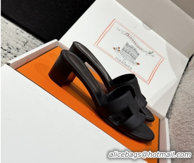 Popular Style Hermes Classic Oasis Heel Slides Sandal 4.5cm in Palm Grained Leather Black 0606079