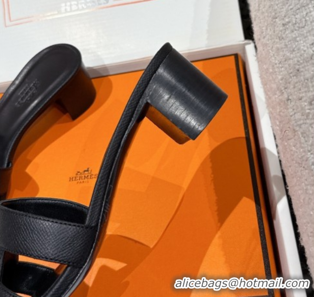 Popular Style Hermes Classic Oasis Heel Slides Sandal 4.5cm in Palm Grained Leather Black 0606079