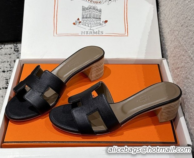 Shop Cheap Hermes Classic Oasis Heel Slides Sandal 4.5cm in Palm Grained Leather Black 0606081